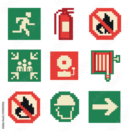 Fire Safety Icons. Pixel art icon set of fire safety signs and symbols: fire exit, fire extinguisher sign, no open flame, fire