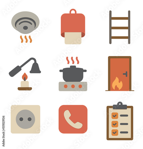 Fire Safety Icons. Flat icon set of fire prevention at home: smoke detector, fire blanket, escape ladder, fire door, candle