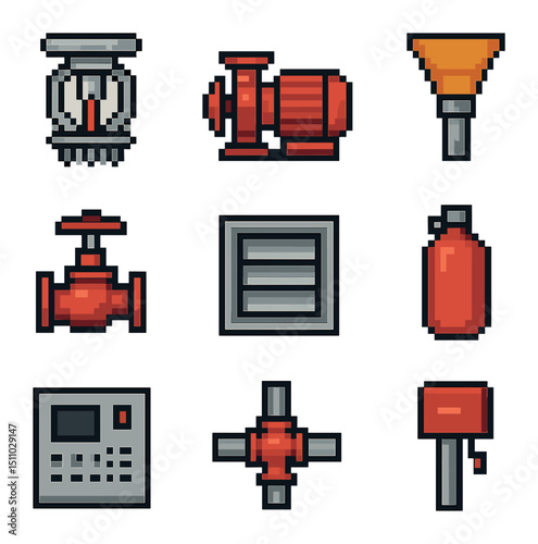 Fire Safety Icons. Pixel art icon set of fire suppression systems: sprinkler head, fire pump, foam nozzle, deluge valve, fire