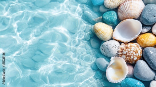 An inviting scene of shells nestled among smooth pebbles, illuminated by clear blue water, offering a serene and peaceful vibe that evokes memories of summer days by the sea.