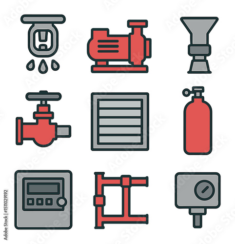 Fire Suppression Icons. Flat icon set of fire suppression systems: sprinkler head, fire pump, foam nozzle, deluge valve, fire