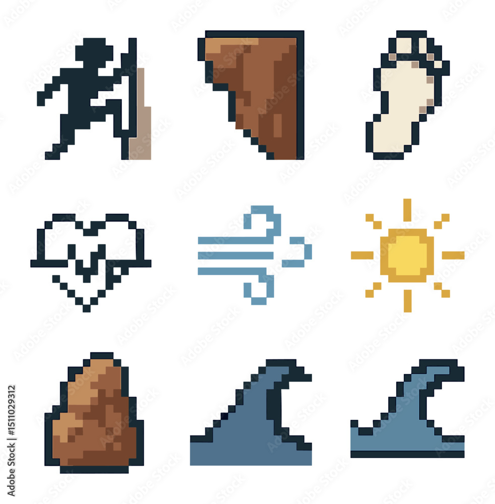 Obraz premium Free Soloing Icons. Pixel art icon set of free soloing imagery: climber silhouette, exposed cliff, chalk footprint, no rope symbol