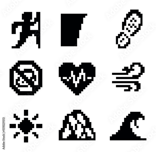 Free Soloing Icons. Pixel art icon set of free soloing imagery: climber silhouette, exposed cliff, chalk footprint, no rope symbol