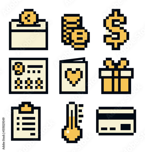 Fundraising Pixel Icons. Pixel art icon set of fundraising and donation drive: donation box, coin stack, dollar sign, crowdfunding