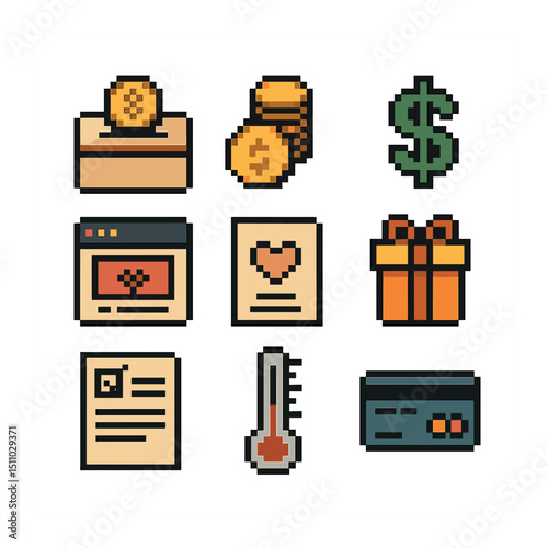 Fundraising Pixel Icons. Pixel art icon set of fundraising and donation drive: donation box, coin stack, dollar sign, crowdfunding