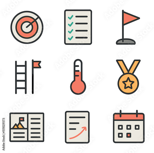 Goal Framework Icons. Flat icon set of goal setting frameworks: target bullseye, SMART criteria list, milestone marker, goal