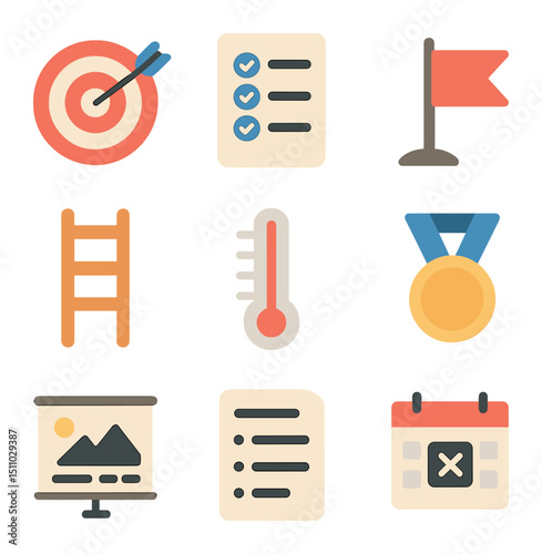Goal Framework Icons. Flat icon set of goal setting frameworks: target bullseye, SMART criteria list, milestone marker, goal