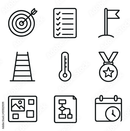 Goal Setting Icons. Outline icon set of goal setting frameworks: target bullseye, SMART criteria list, milestone marker, goal