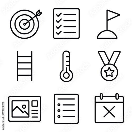 Goal Setting Icons. Outline icon set of goal setting frameworks: target bullseye, SMART criteria list, milestone marker, goal