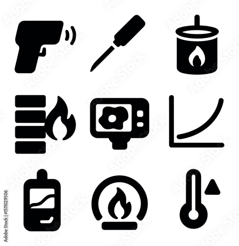 Heat Measurement Icons. Solid, Filled icon set of heat and flame measurement: infrared thermometer, thermocouple probe,