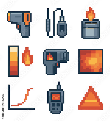 Heat Measurement Icons. Pixel art icon set of heat and flame measurement: infrared thermometer, thermocouple probe, calorimeter,
