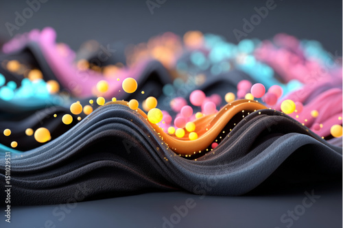 Abstract waves with colorful orbs floating above the surface in a stylized rendering look