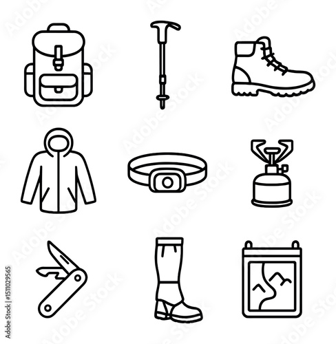Hiking Gear Icons. Outline icon set of hiking group gear: backpack, trekking pole, hiking boot, rain jacket, headlamp, camping