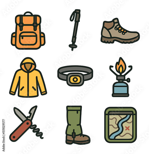 Hiking Gear Icons Grid. Flat icon set of hiking group gear: backpack, trekking pole, hiking boot, rain jacket, headlamp, camping