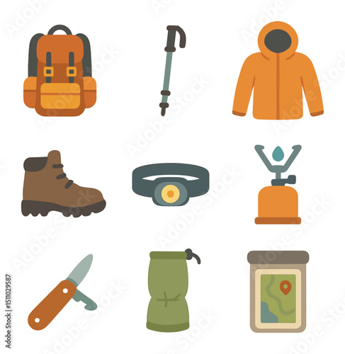 Hiking Gear Icons Grid. Flat icon set of hiking group gear: backpack, trekking pole, hiking boot, rain jacket, headlamp, camping