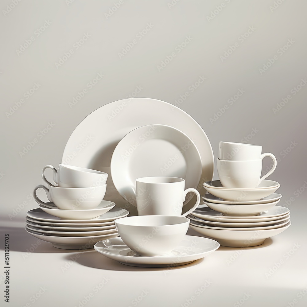 Fototapeta premium An isolated, ultra-detailed realistic photography of white dinnerware set on white background