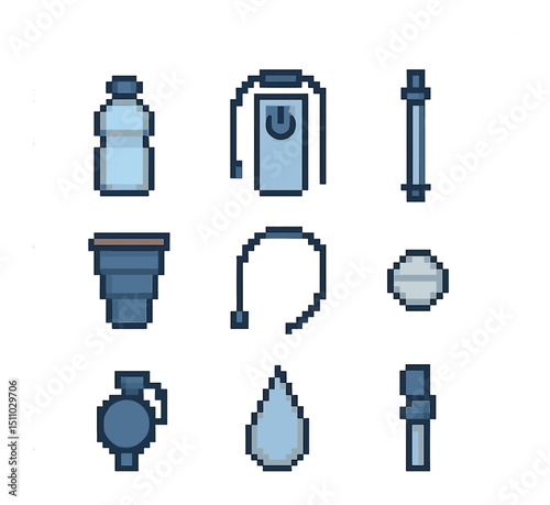 Hydration Essentials Icons. Pixel art icon set of hydration essentials: water bottle, hydration bladder, water filter straw,