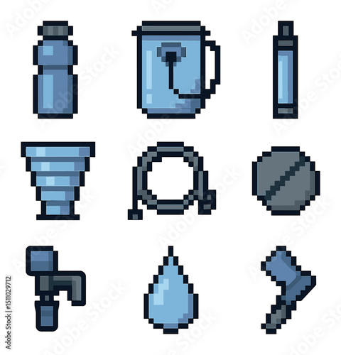 Hydration Essentials Icons. Pixel art icon set of hydration essentials: water bottle, hydration bladder, water filter straw,