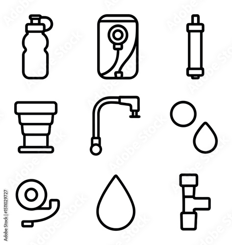 Hydration Essentials Icons. Outline icon set of hydration essentials: water bottle, hydration bladder, water filter straw,