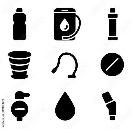 Hydration Essentials Icons. Solid, Filled icon set of hydration essentials: water bottle, hydration bladder, water filter straw,