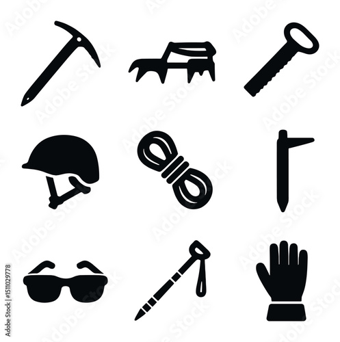Ice Climbing Gear. Solid, Filled icon set of ice climbing tools: ice axe, crampons, ice screw, helmet, rope, snow picket, glacier