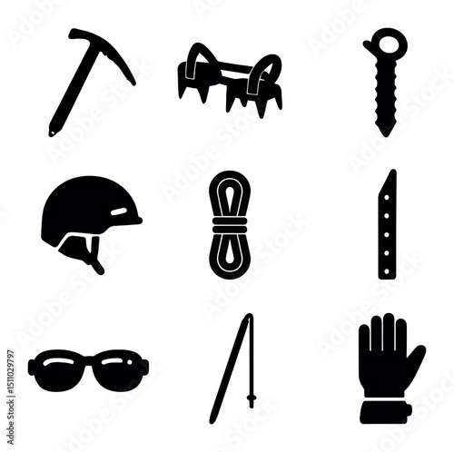 Ice Climbing Gear. Solid, Filled icon set of ice climbing tools: ice axe, crampons, ice screw, helmet, rope, snow picket, glacier