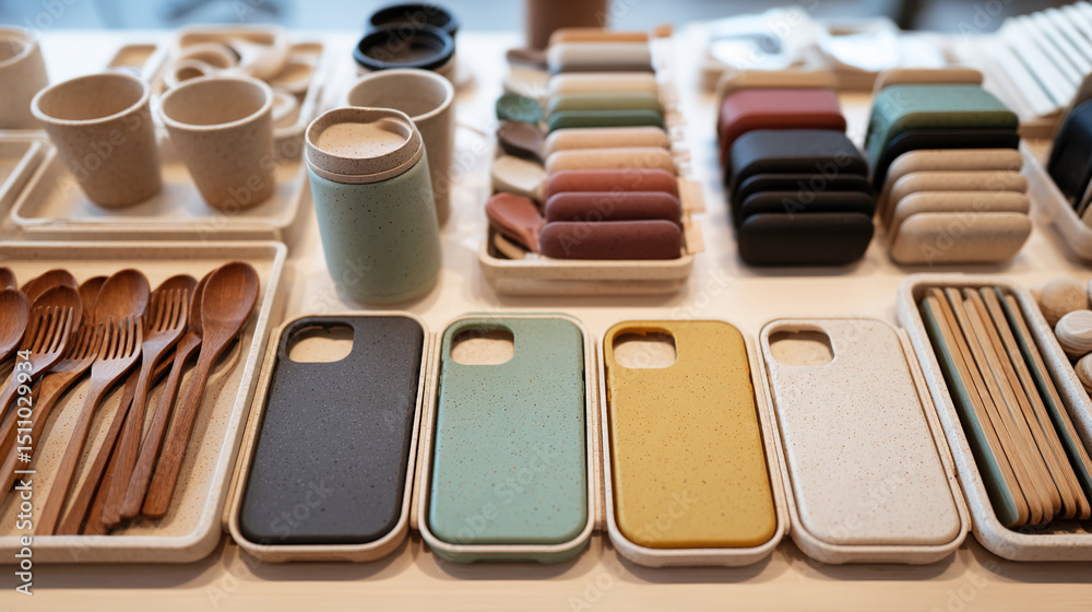 Naklejka premium Showcase of speckled phone cases, cups, and wooden utensils in muted earth tones, displayed neatly on a neutral surface, suggesting a sustainable lifestyle brand or eco-friendly product presentation