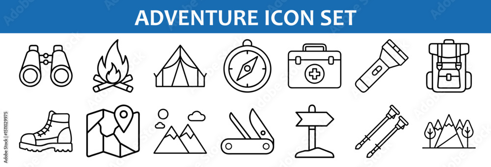 Fototapeta premium Adventure and outdoor recreation icon set with camping hiking and travel equipment vector design