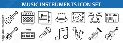 Vector illustration of music instrument icon set musical equipment guitar piano drums trumpet 90s