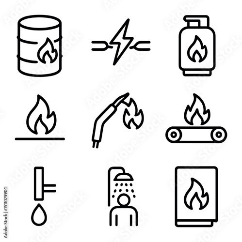 Industrial Fire Hazards Icons. Outline icon set of industrial fire hazards: chemical drum, electrical spark, flammable gas