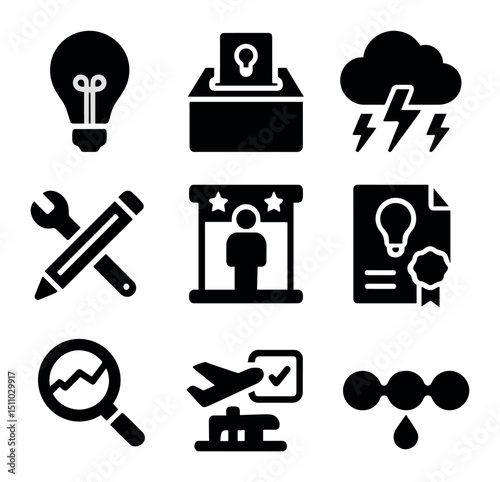 Innovation Icons Grid. Solid, Filled icon set of innovation management elements: idea lightbulb, suggestion box, brainstorming