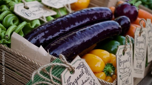 Fresh Market Bounty: A close-up captures the vibrancy of organic produce, with eggplant, bell pepper, carrot, and pasta gracefully arranged, each with price tags.