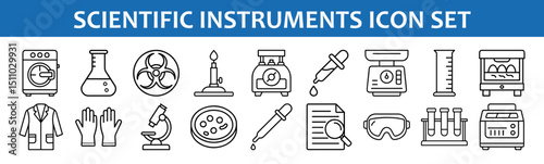 Scientific lab equipment icons set vector illustration research tools and instruments outline style
