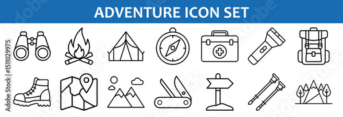 Adventure and outdoor recreation icon set with camping hiking and travel equipment vector design