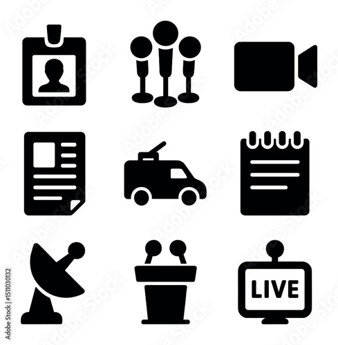 Media Icon Set. Solid, Filled icon set of local media and press outreach: press pass, microphone cluster, camera video, press