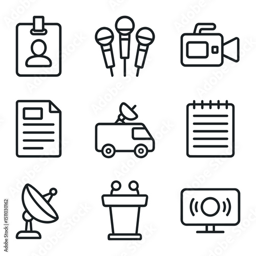 Media Icon Grid. Outline icon set of local media and press outreach: press pass, microphone cluster, camera video, press release