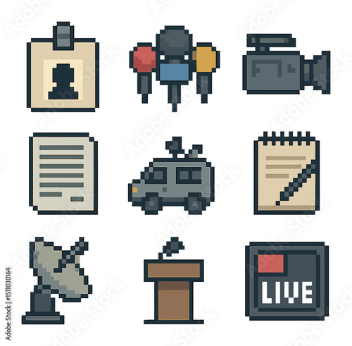 Media Icons Grid. Pixel art icon set of local media and press outreach: press pass, microphone cluster, camera video, press