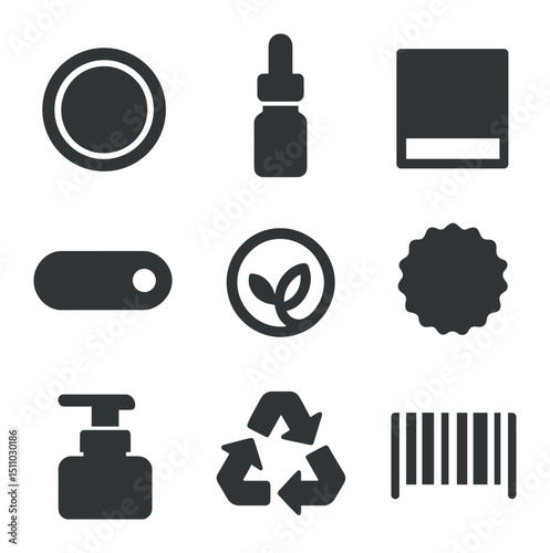 Minimalist Packaging Icons. Flat icon set of packaging and branding elements: jar lid, dropper cap, box sleeve, label sticker,