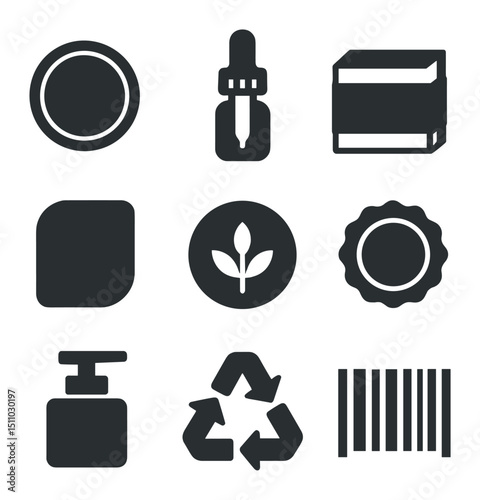 Minimalist Packaging Icons. Flat icon set of packaging and branding elements: jar lid, dropper cap, box sleeve, label sticker,