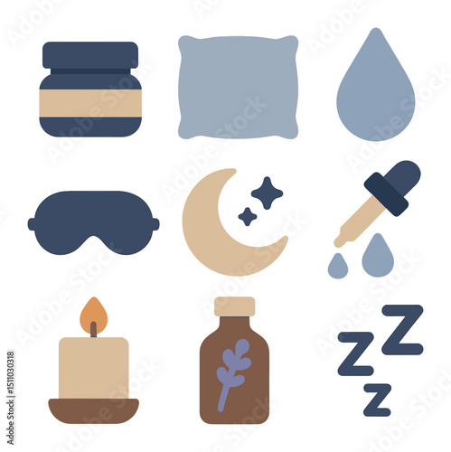 Night Skincare Icons. Flat icon set of night skincare rituals: night cream jar, silk pillow, dew drop, eye mask, sleep icon, night