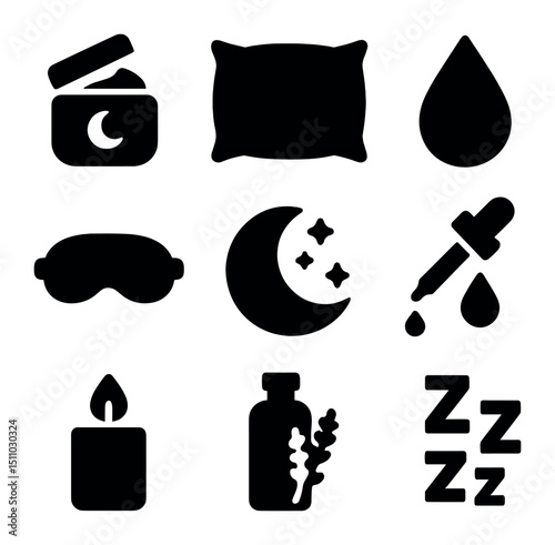 Night Skincare Icon Set. Solid, Filled icon set of night skincare rituals: night cream jar, silk pillow, dew drop, eye mask, sleep