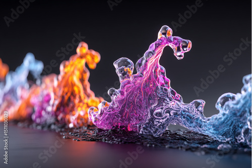 Colorful translucent forms arranged in a row on a dark surface with a dark gray background behind them