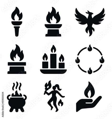 Mythical Fire Symbols. Flat icon set of fire in mythology and rituals: torch, sacrificial flame, phoenix silhouette, fire altar,