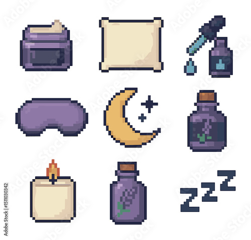 Night Skincare Icons. Pixel art icon set of night skincare rituals: night cream jar, silk pillow, dew drop, eye mask, sleep icon,