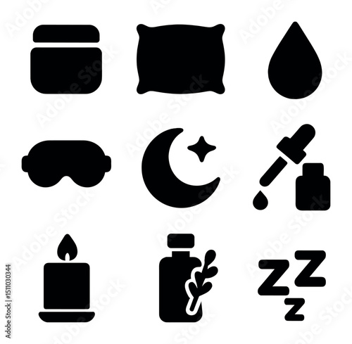 Night Skincare Icon Set. Solid, Filled icon set of night skincare rituals: night cream jar, silk pillow, dew drop, eye mask, sleep
