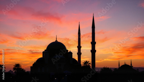 Mosque silhouette against sunset sky, Islamic New Year celebration