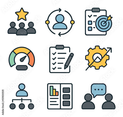 Performance Metrics Icons. Flat icon set of performance evaluation metrics: performance rating, 360° feedback, goal completion,
