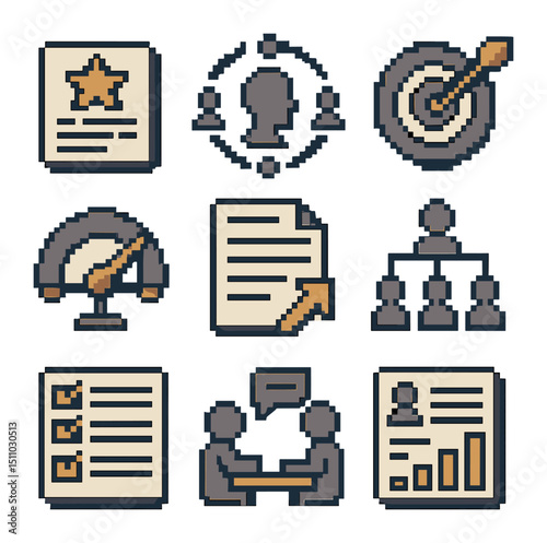 Performance Metrics Icons. Pixel art icon set of performance evaluation metrics: performance rating, 360° feedback, goal