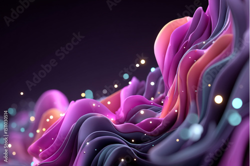 Abstract purple and orange waves with glowing particles on a dark background in a digital rendering