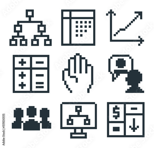 Pixel Decision Icons. Pixel art icon set of decision‐making methods: decision tree, weighted criteria matrix, cost–benefit table,